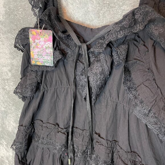 Women Lace Tiered Ruffle Babydoll Gothic Emo Witchy Black Mini Romper Dress M - Picture 6 of 10